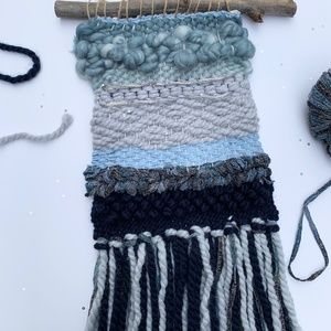 Handmade Woven Wall Hanging Blue and Navy Silver Weaving Tapestry Boho Wall Art